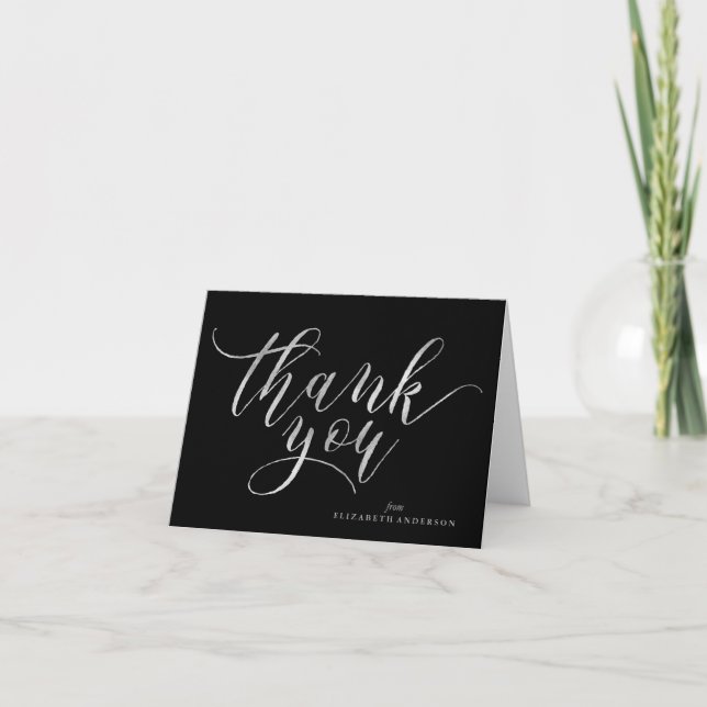 Elegant Silver and Black Script Thank You Card (Front)