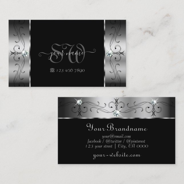 Elegant Silver and Black Squiggled Jewels Monogram Business Card (Front/Back)