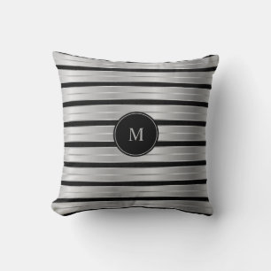 Elegant Silver And Black Stripes Monogram Cushion