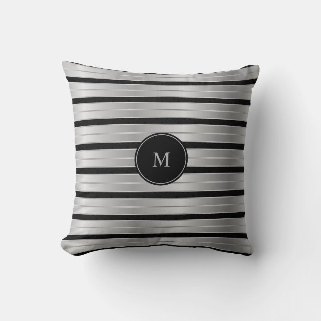 Elegant Silver And Black Stripes Monogram Cushion (Front)