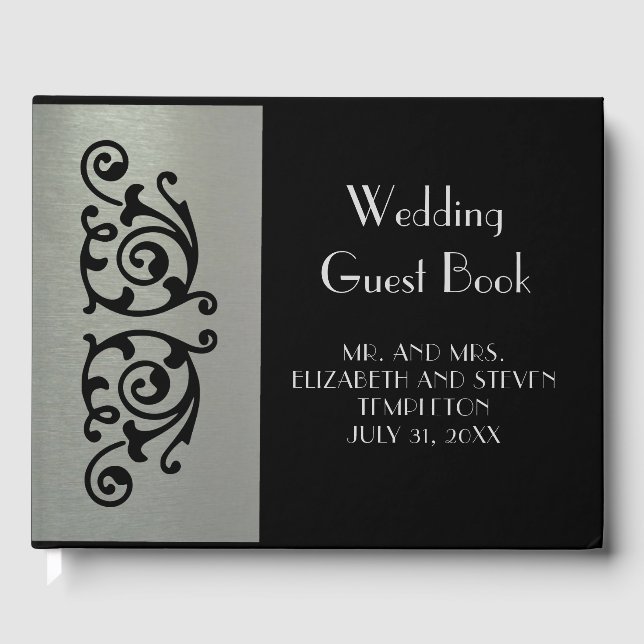 Elegant Silver and Black Wedding Guestbook (Front)