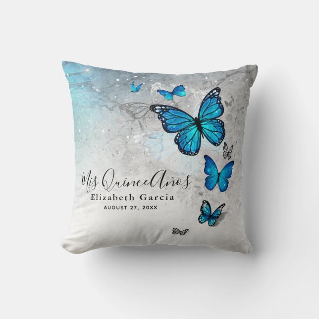 Elegant Silver and Blue Butterfly Mis Quince Anos Cushion (Front)