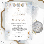 Elegant Silver and Blue Celestial Bat Mitzvah Invitation<br><div class="desc">Delight your friends and family with this elegant celestial Bat Mitzvah invitation with delicate watercolor sky, stars and moon's phases in a beautiful blend of silver grey, pale blue, white and gold tones. Dainty stars in white and in faux gold foil. Bat Mitzvah phrase and star of David in faux...</div>