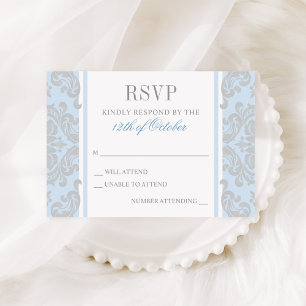 Elegant Silver and Blue Damask Baby Baptism RSVP Card