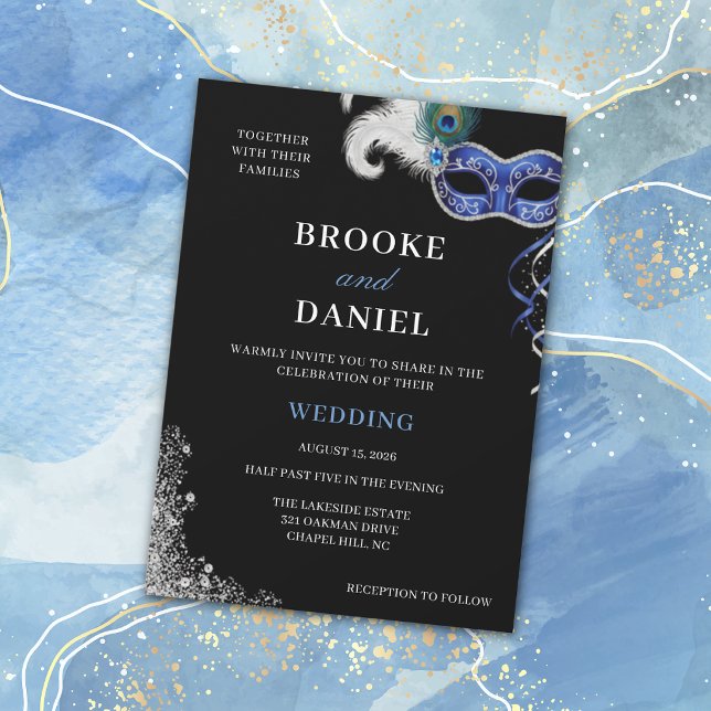 Elegant Silver and Blue Masquerade Wedding Invitation (Creator Uploaded)