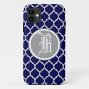 Elegant Silver and Blue Quatrefoil Monogram Custom iPhone 11 Case