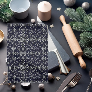 Elegant silver and blue snowflakes pattern tea towel