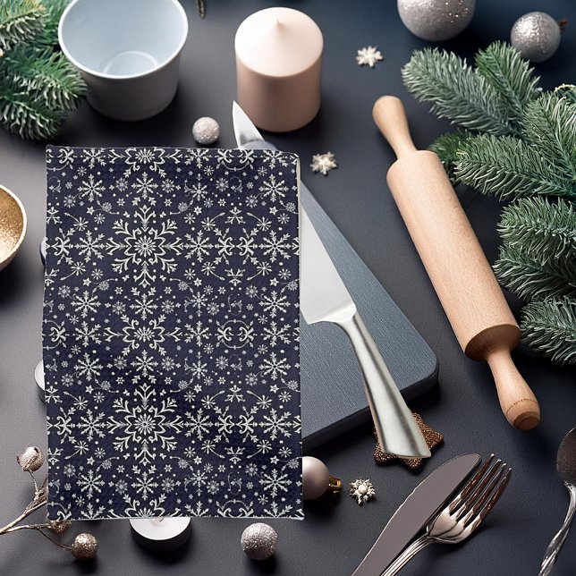 Elegant silver and blue snowflakes pattern tea towel (Creator Uploaded)