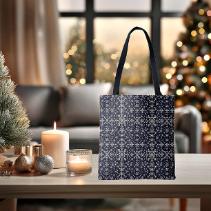 Elegant silver and blue snowflakes pattern tote bag