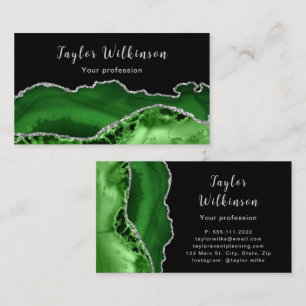 Elegant Silver and Dark Green Agate Business Card