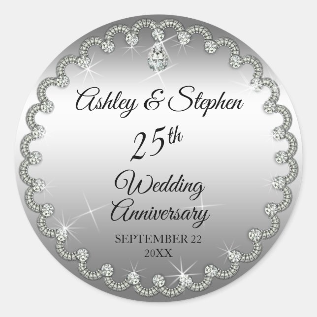 Elegant Silver and Diamonds  25th Anniversary Classic Round Sticker (Front)