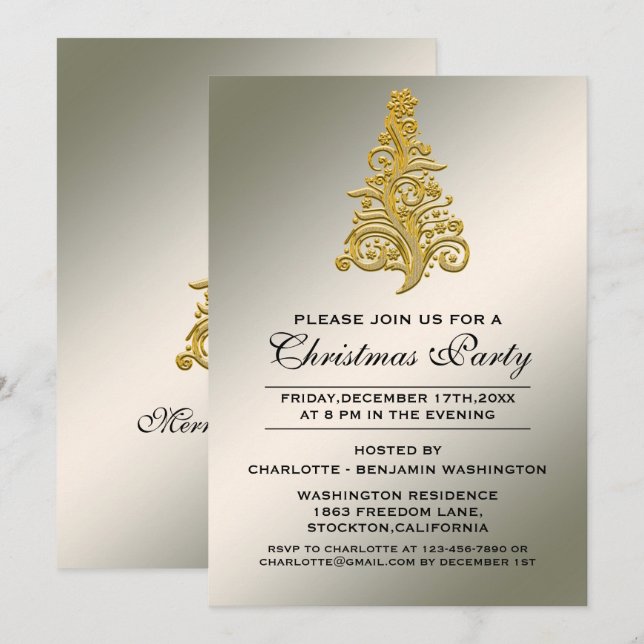 Elegant Silver and Gold Christmas Tree Party Invitation (Front/Back)
