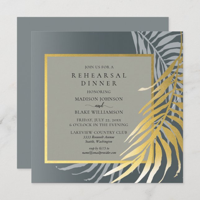 Elegant Silver and Gold Tropical Rehearsal Dinner Invitation (Front/Back)