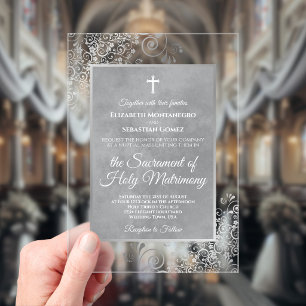 Elegant Silver and Gray Ornate Catholic Wedding Acrylic Invitations