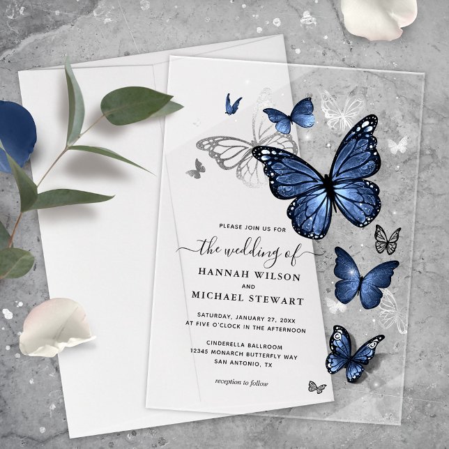 Elegant Silver and Navy Blue Butterfly Wedding Acrylic Invitations (Elegant dark navy blur butterfly acrylic wedding invitations that will bring your fairytale to life!)