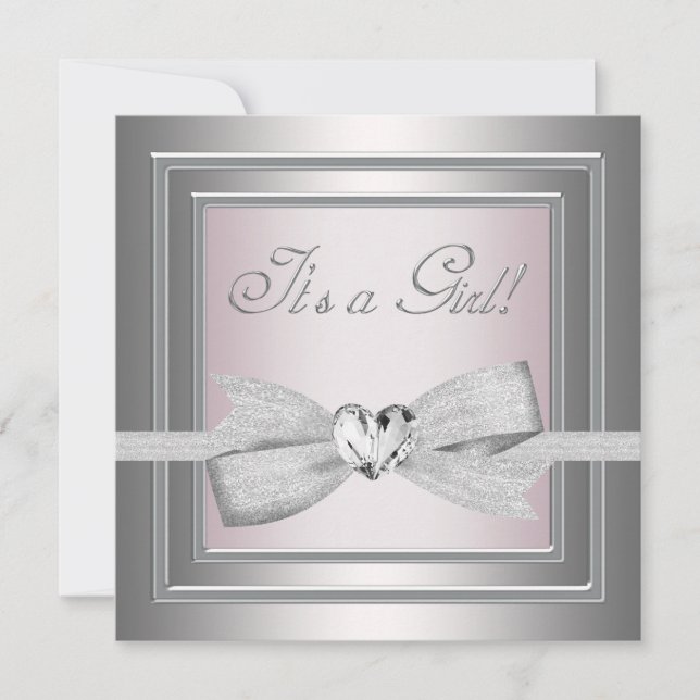 Elegant Silver and Pink Baby Girl Shower Invitation (Front)