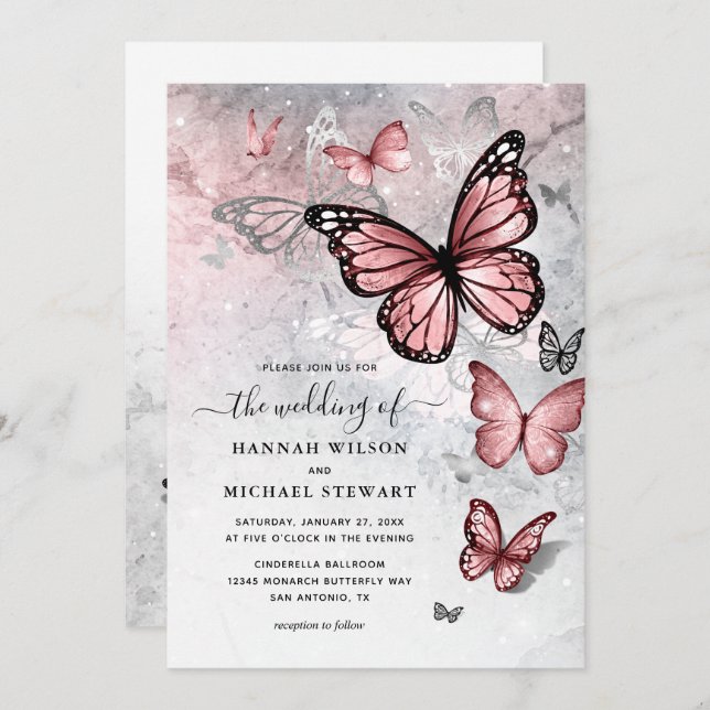 Elegant Silver and Pink Butterfly Wedding Invitation (Front/Back)