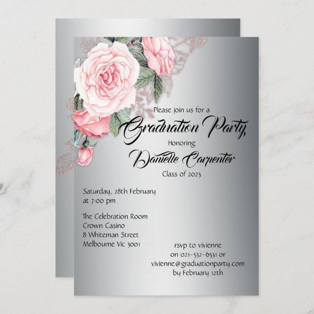 Elegant Silver and Pink Floral Graduation Invitation (Front/Back)