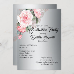 Elegant Silver and Pink Floral Graduation Invitation