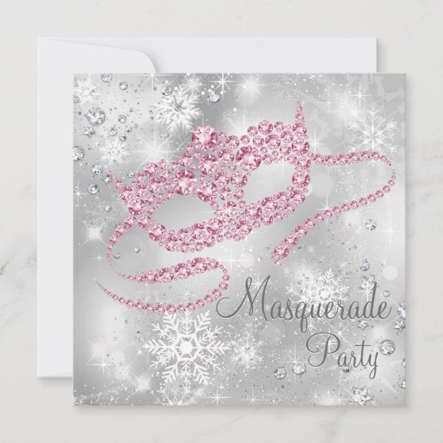 Elegant Silver and Pink Masquerade Party Invitation (Front)