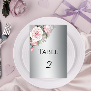Elegant Silver and Pink Roses Wedding Table Number
