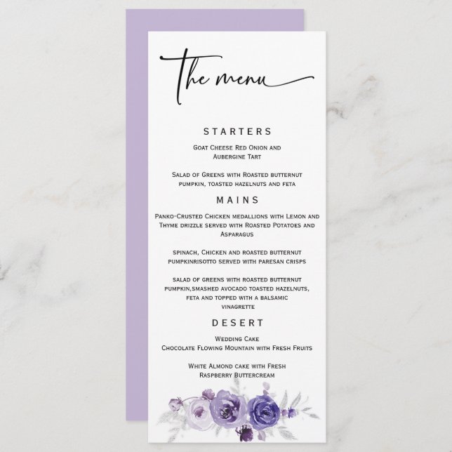 Elegant Silver and Purple Wedding Menu  (Front/Back)