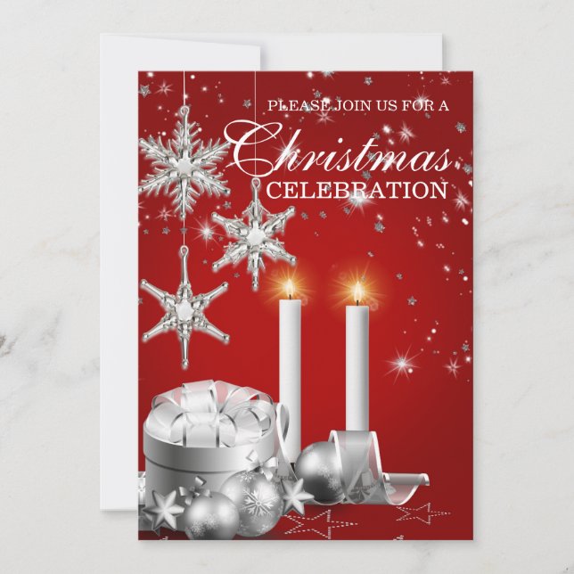 Elegant Silver and Red Christmas Party Invitation (Front)