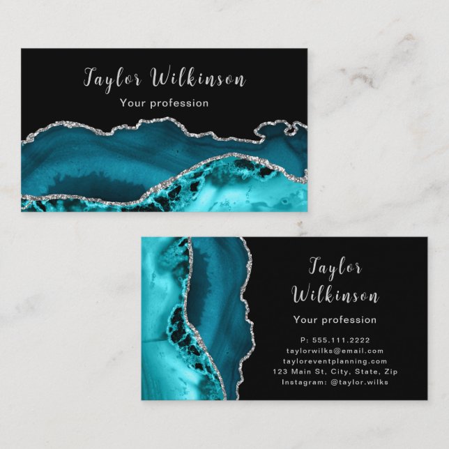 Elegant Silver and Teal Blue Agate Business Card (Front/Back)