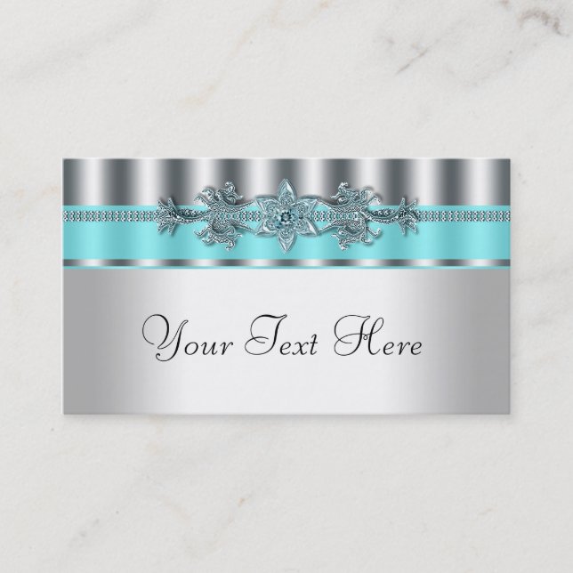 Elegant Silver and Teal Blue Business Cards (Front)