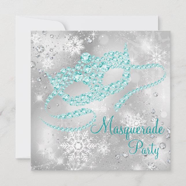 Elegant Silver and Teal Blue Masquerade Party Invitation (Front)