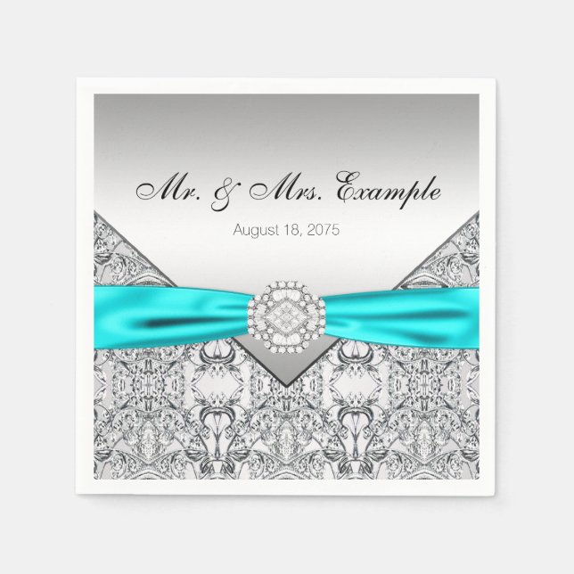 Elegant Silver and Teal Blue Wedding Napkin (Front)