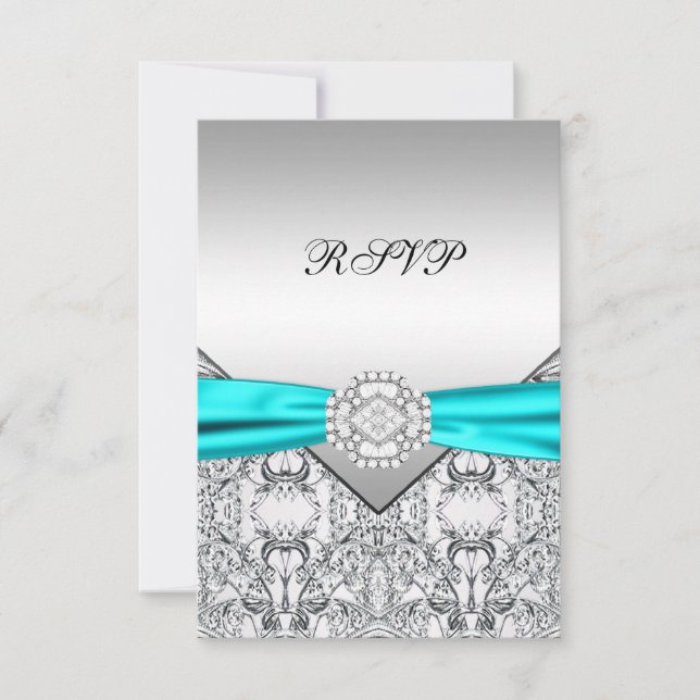 Elegant Silver and Teal Blue Wedding RSVP (Front)