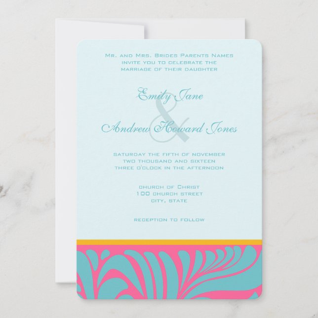 Elegant Silver Aqua Fuchsia Butterscotch Swirls Invitation (Front)
