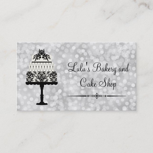 Elegant Silver Bakery Business Card with Cake (Front)