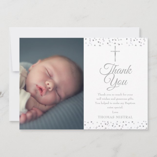 Elegant Silver Baptism Christening Hearts Photo Thank You Card (Front)