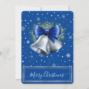 Elegant Silver Bell & Blue Ribbon Custom Christmas Holiday Card