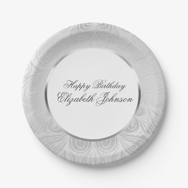 Elegant Silver Birthday Paper Plate (Front)
