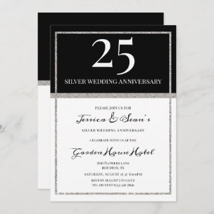 Elegant Silver & Black 25th Wedding Anniversary Invitation