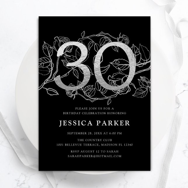 Elegant Silver Black 30th Birthday Invitation (Creator Uploaded)