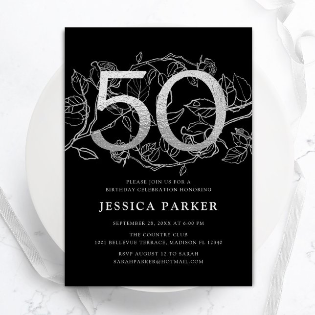 Elegant Silver Black 50th Birthday Invitation (Creator Uploaded)