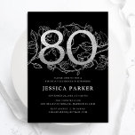 Elegant Silver Black 80th Birthday Invitation<br><div class="desc">Elegant silver black 80th birthday party invitation. Customisable modern feminine design featuring roses botanical accents and faux glitter silver. Simple floral invite card perfect for a stylish female bday celebration. Personalise with your own details. Printed Zazzle invitations or instant download digital printable template.</div>