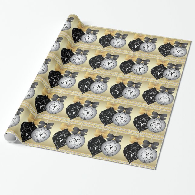 Elegant Silver Black and Gold Christmas Wrapping Wrapping Paper (Unrolled)