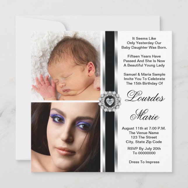 Elegant Silver Black and White Photo Quinceanera Invitation (Front)
