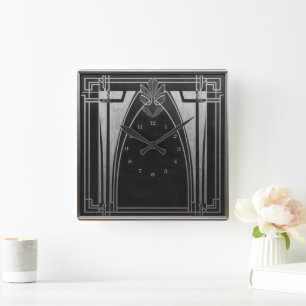 Elegant Silver Black Art Deco Square Wall Clock