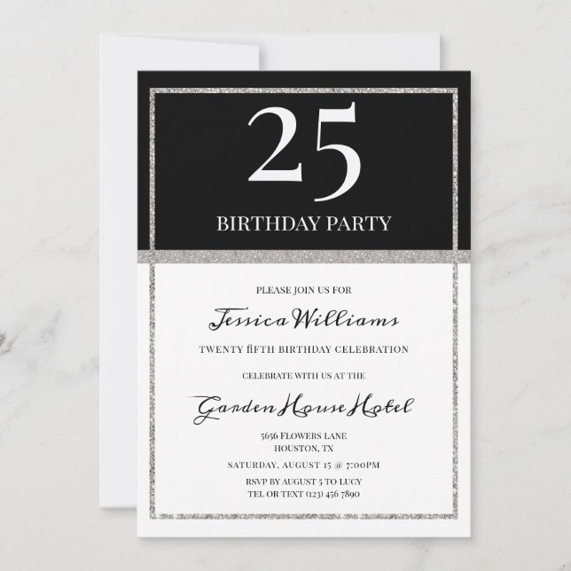 Elegant Silver & Black Birthday Invitation (Front)