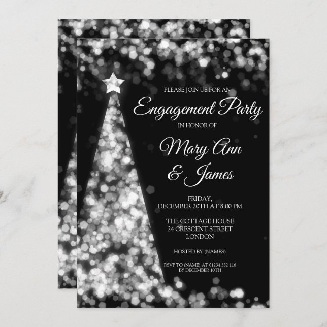 Elegant Silver Black Christmas Engagement Party Invitation (Front/Back)