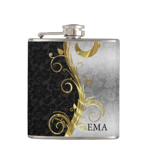 Elegant Silver Black Damask Hip Flask