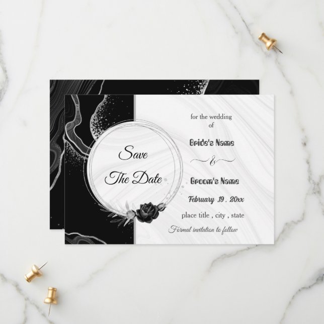elegant silver & black floral save the date (Front/Back In Situ)