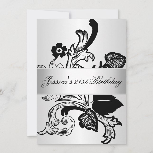 Elegant Silver Black Flowers Birthday Party Invitation (Front)