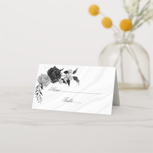 elegant silver & black flowers place card (Front)